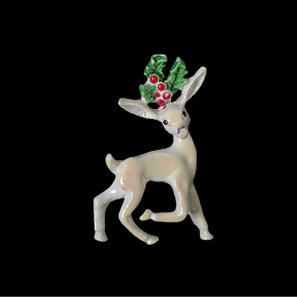 Vintage Gerry's White Iridescent Enamel Reindeer With Holly Berries Brooch